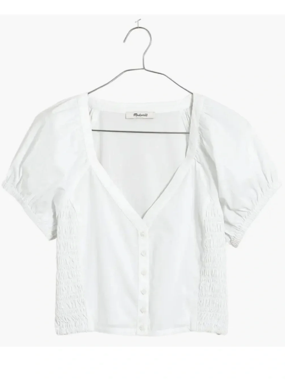 Madewell Women 00 White Cotton Puff Sleeve Smocked Yeri Poplin Button-Up Top